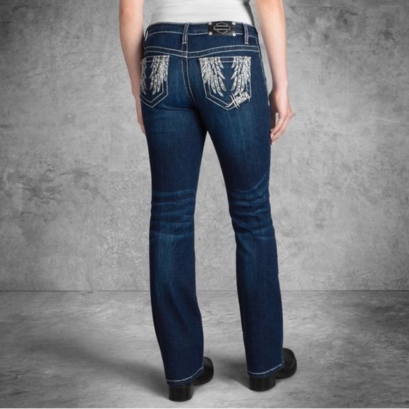 Harley-Davidson® Women's Curvy Boot Cut Embellished Pockets Mid-Rise Jeans | NEW - Picture 1 of 10